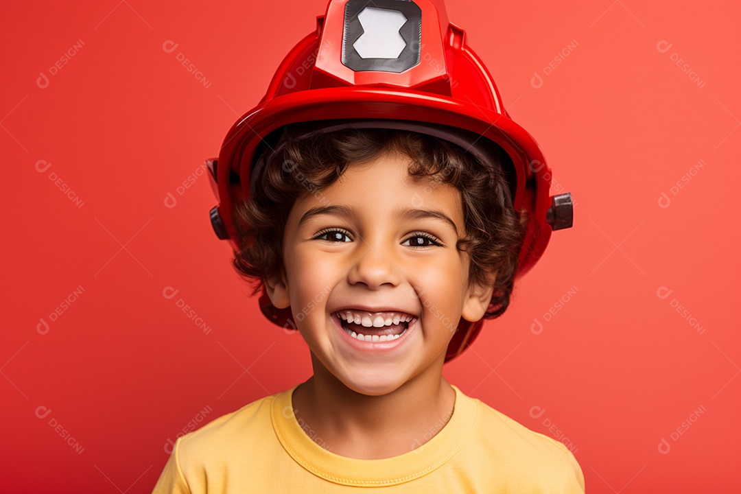 Menino sorridente com chapéu de bombeiro