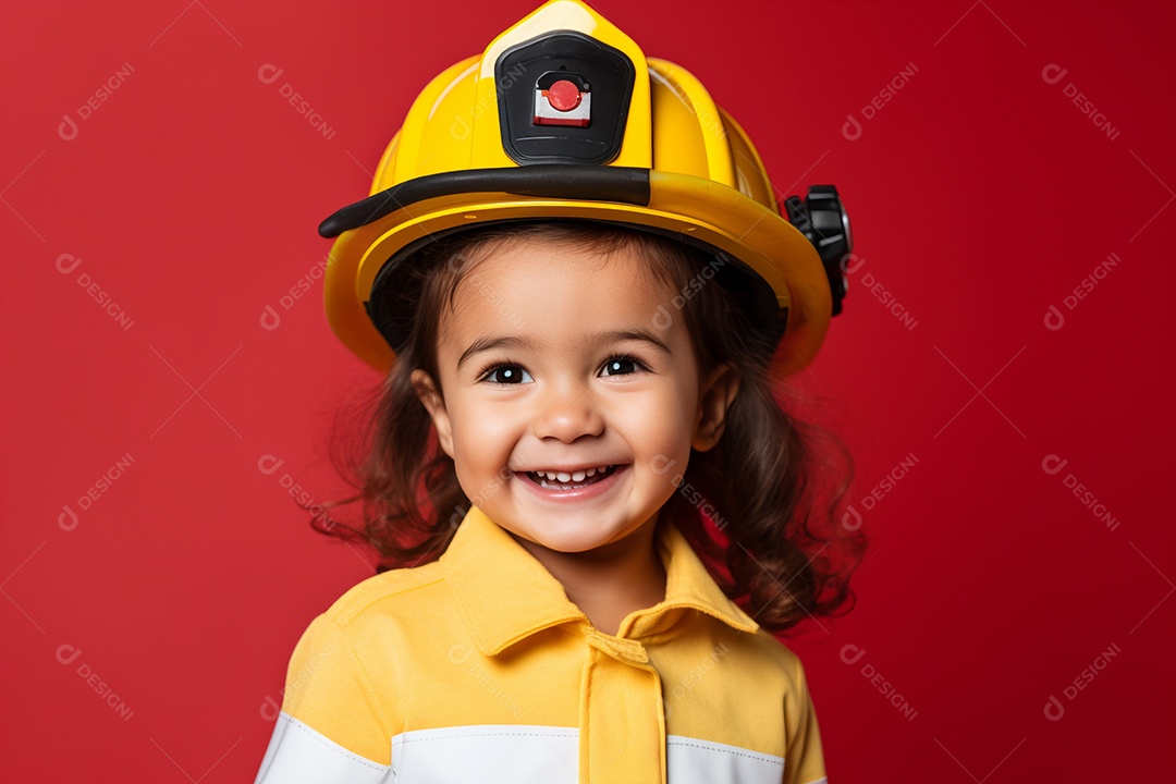 Menina sorridente com chapéu de bombeiro