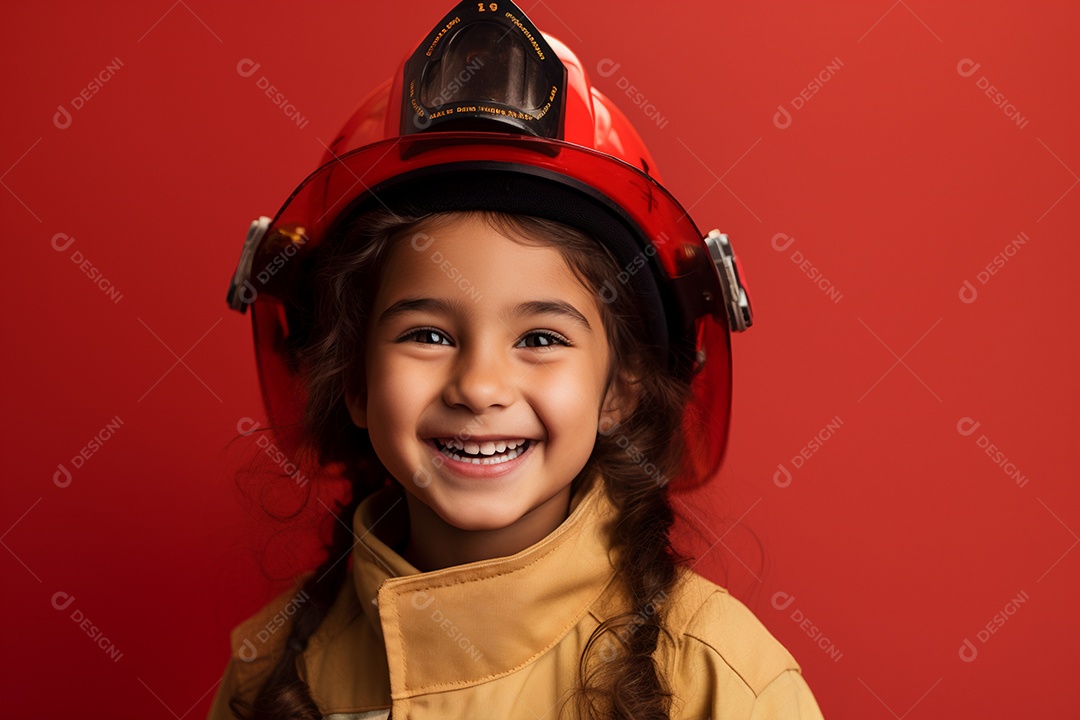 Menina sorridente com chapéu de bombeiro