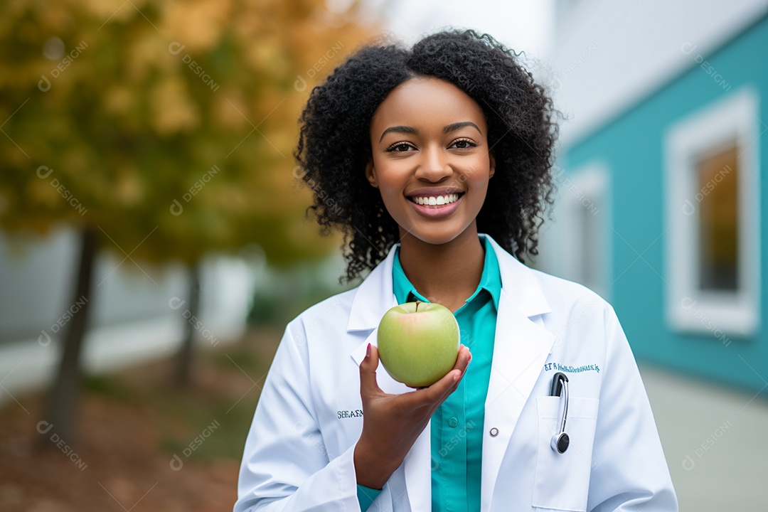 Linda nutricionista segurando uma maça verde