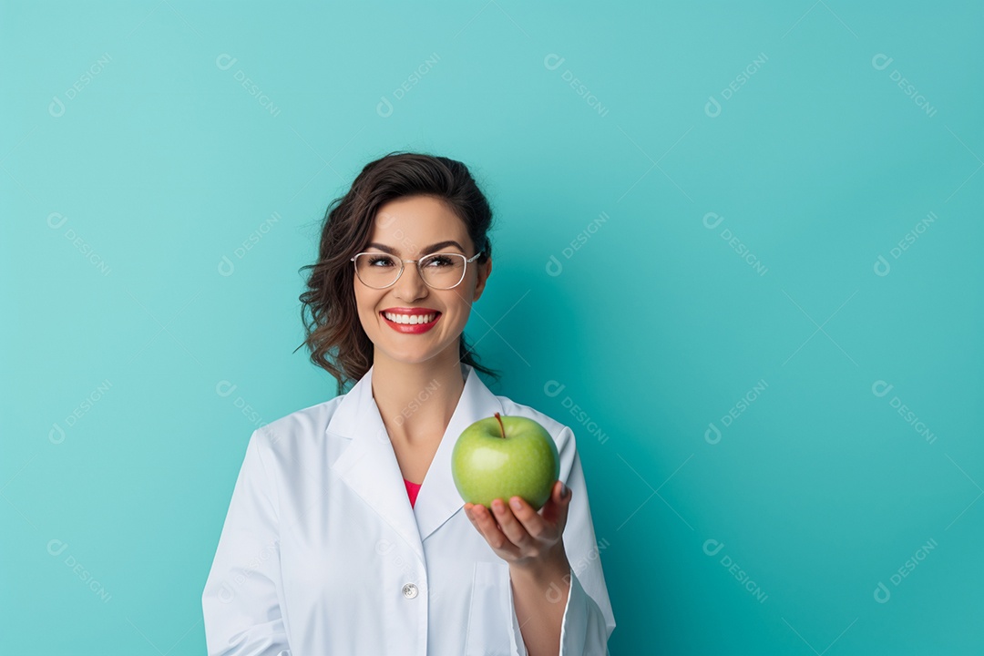 Linda nutricionista segurando uma maça