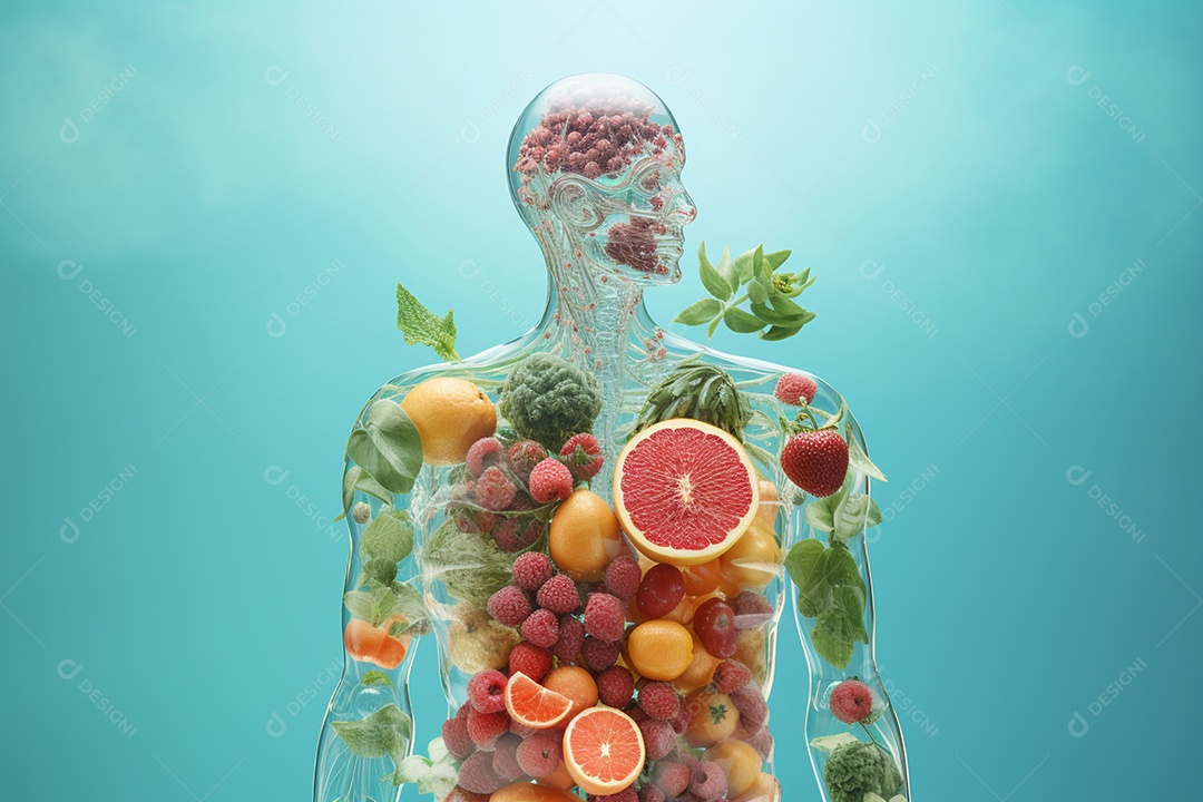 Ilustração de um corpo humano saudável, composto de frutas e legumes