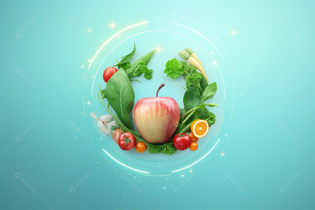 Ilustração de frutas e legumes em fundo verde claro