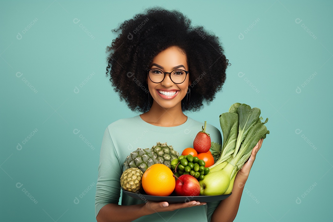 Linda nutricionista sorridente segurando frutas e legumes