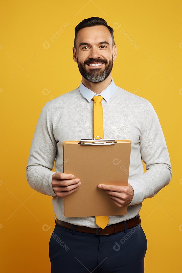 Homem sorridente psicólogo em fundo amarelo