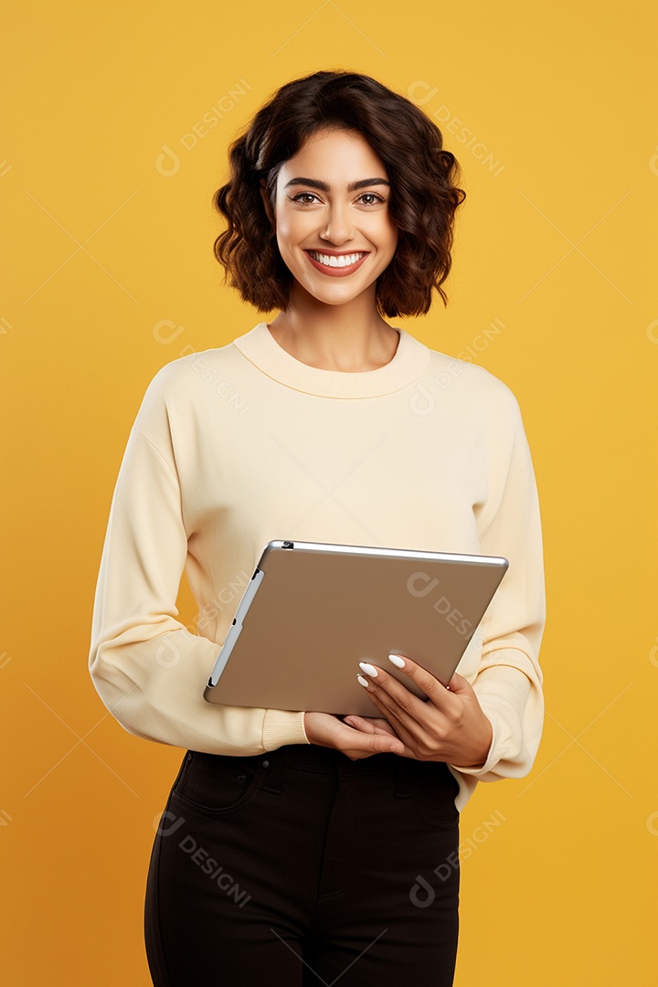 Linda mulher psicóloga em fundo amarelo