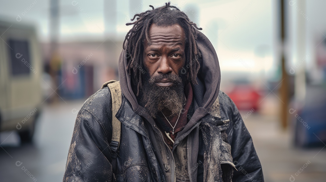 Coletor de lixo negro sem-teto andando pela rua da cidade olhando para a câmera