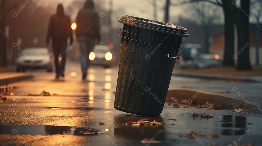 Uma grande lata de lixo isolada no meio de uma rua da cidade em um final de tarde chuvoso