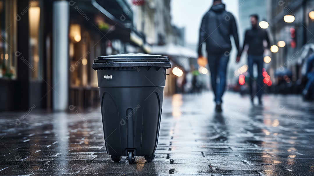 Uma grande lata de lixo isolada no meio de uma rua da cidade em um final de tarde chuvoso