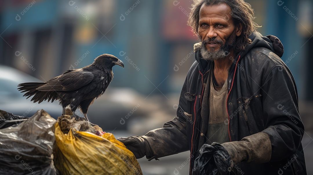 Um morador de rua catando lixo ao lado de um corvo ao longo da rua da cidade olhando para a câmera