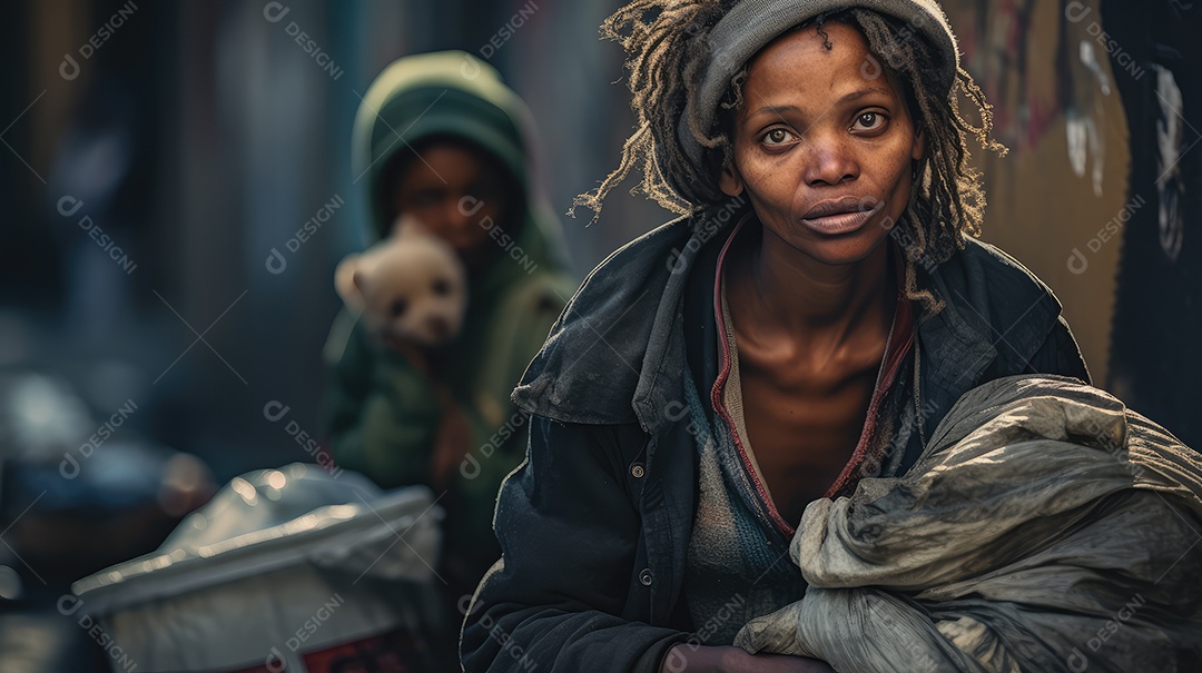 Coletor de lixo negra sem-teto andando pela rua da cidade olhando para a câmera