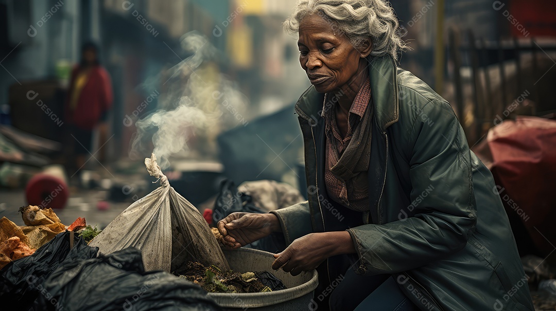 Uma moradora de rua catando lixo nas ruas da cidade