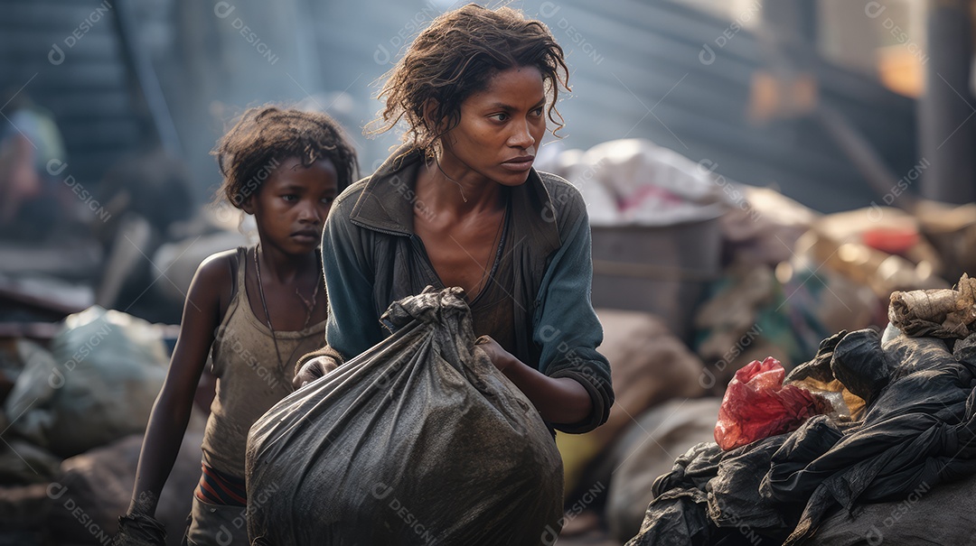 Coletor de lixo negra sem-teto andando pela rua da cidade olhando para a câmera