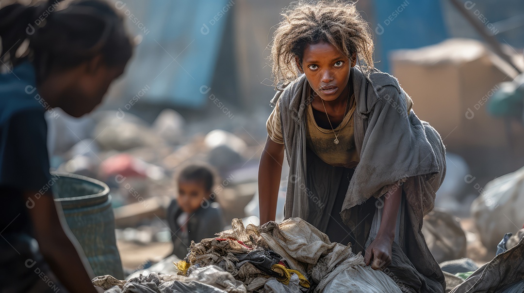 Coletor de lixo negra sem-teto andando pela rua da cidade olhando para a câmera