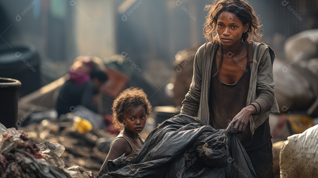 Coletor de lixo negra sem-teto andando pela rua da cidade olhando para a câmera