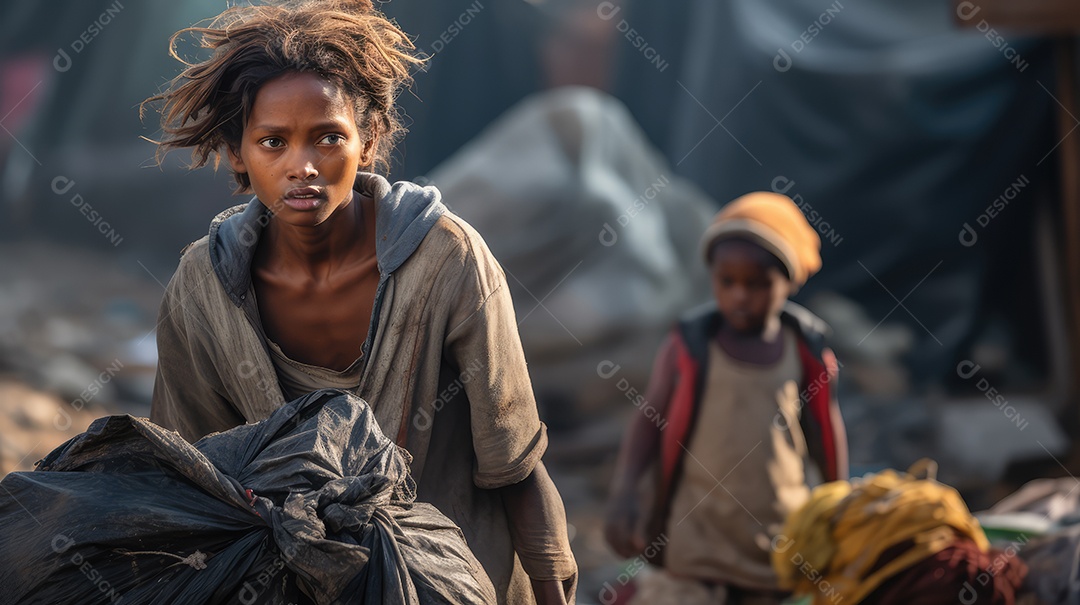 Coletor de lixo negra sem-teto andando pela rua da cidade olhando para a câmera