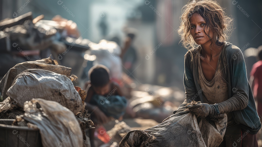 Coletor de lixo negro sem-teto andando pela rua da cidade olhando para a câmera