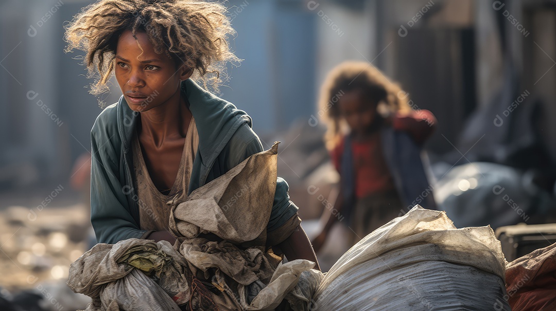 Coletor de lixo negro sem-teto andando pela rua da cidade olhando para a câmera