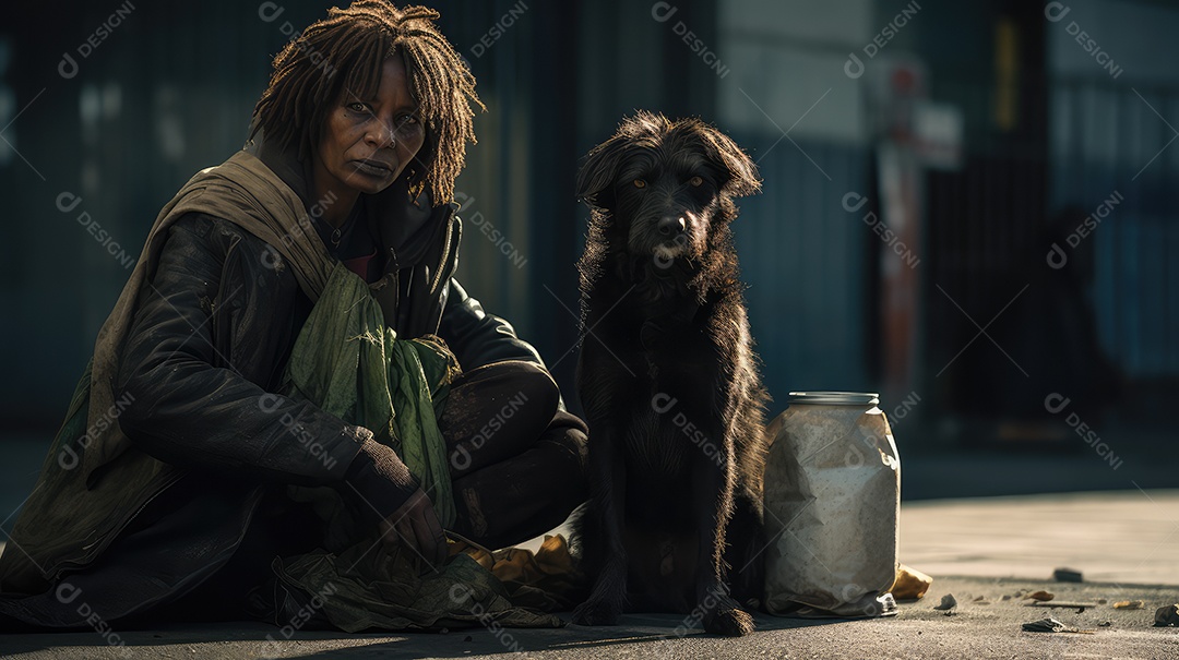 Coletor de lixo negro sem-teto andando pela rua da cidade olhando para a câmera