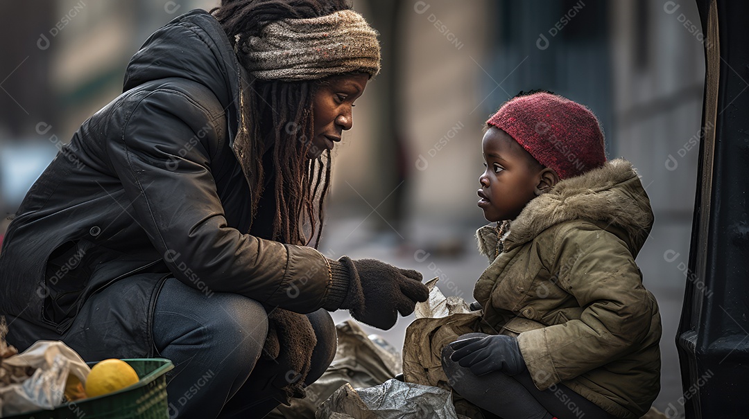 Coletor de lixo negro sem-teto andando pela rua da cidade olhando para a câmera