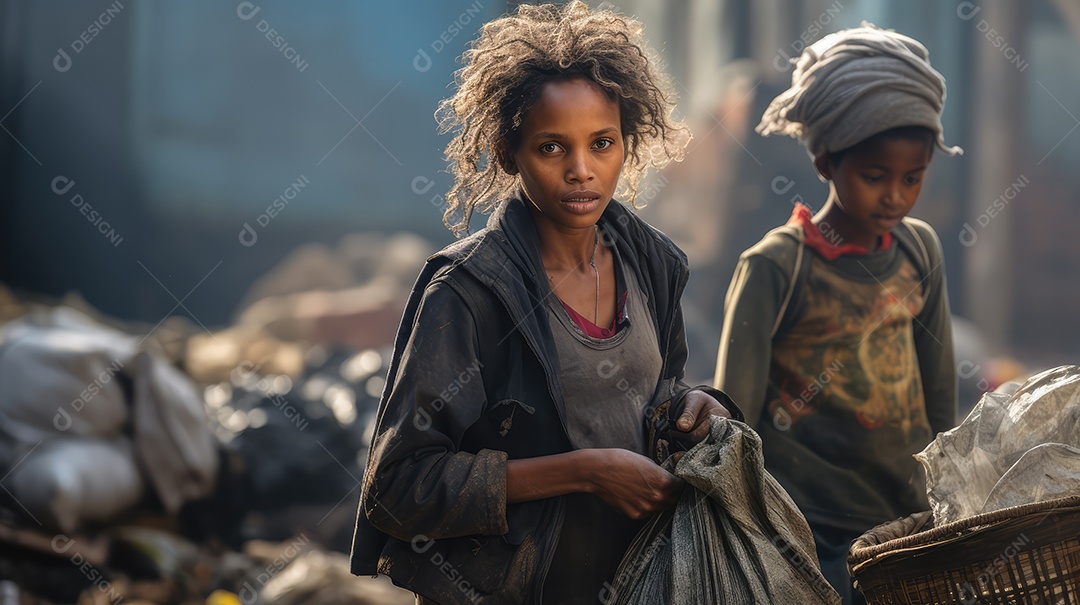 Coletor de lixo negro sem-teto andando pela rua da cidade olhando para a câmera
