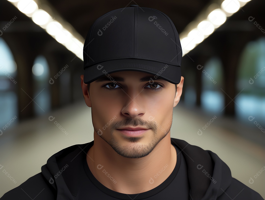 Um homem usando maquete de boné preto vazio em branco para modelo de design