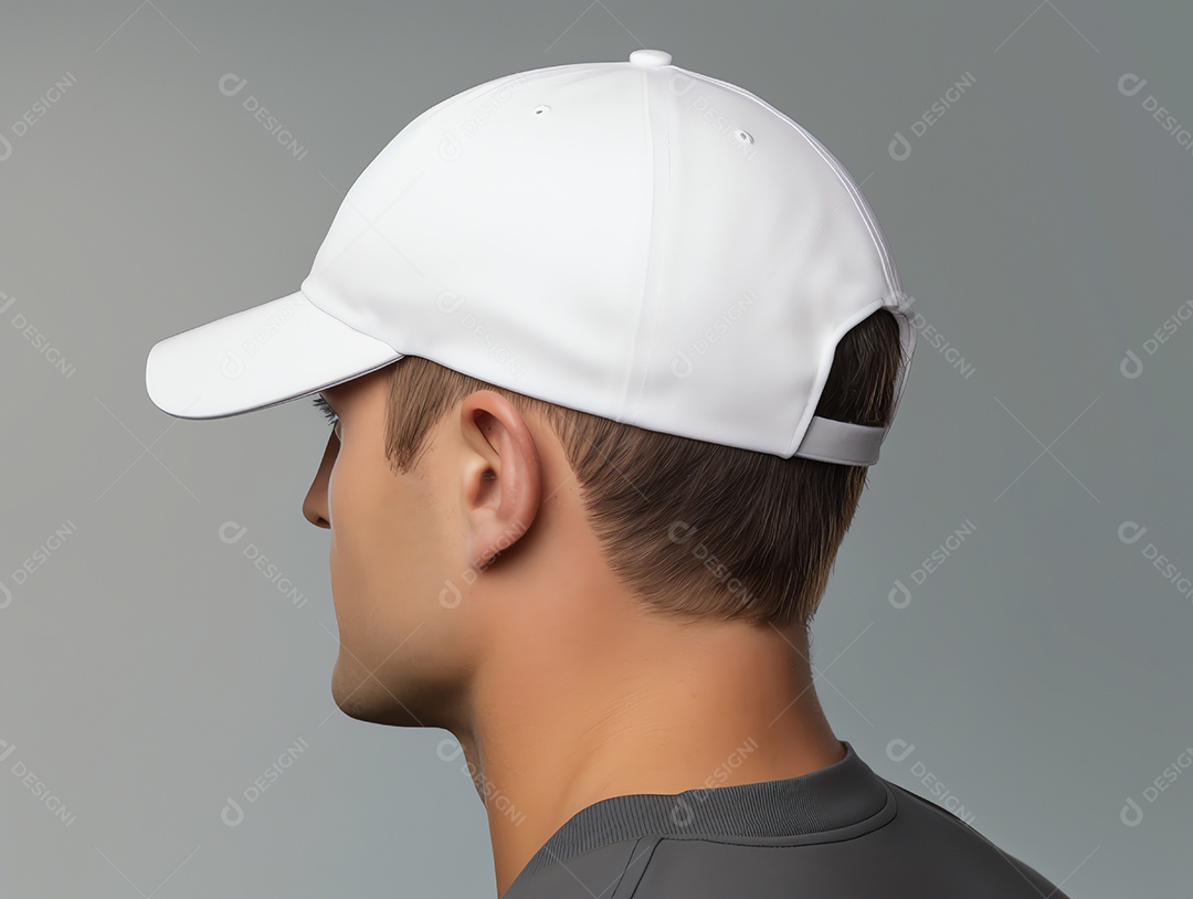 Um homem usando maquete de boné branco vazio em branco para modelo de design