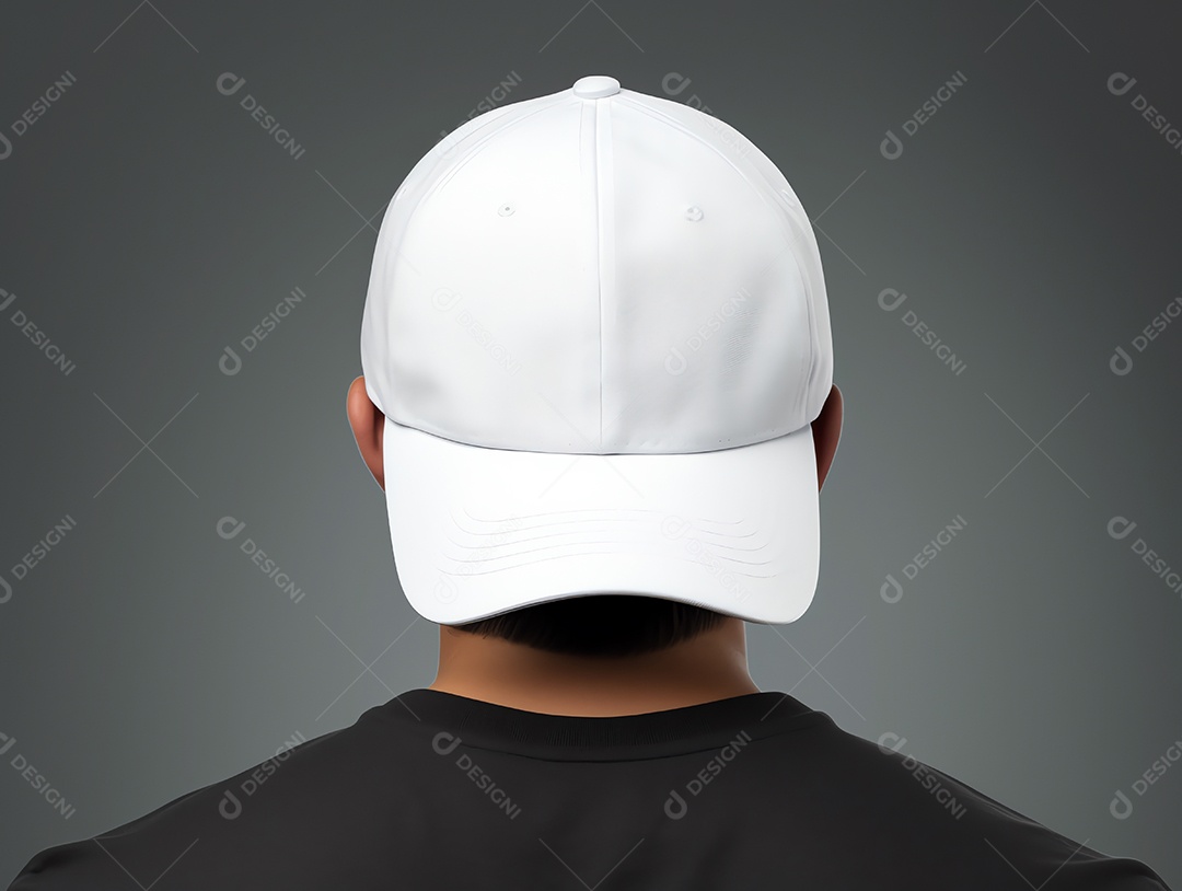 Um homem usando maquete de boné branco vazio em branco para modelo de design