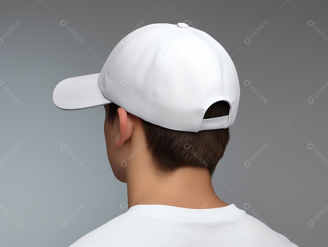 Um homem usando maquete de boné branco vazio em branco para modelo de design