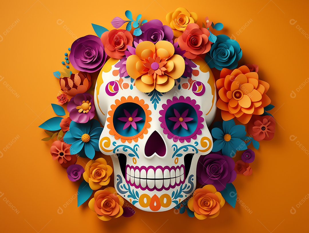 Celebração colorida do Dia de los muertos, feriado mexicano Dia dos Mortos, crânio e ornamentos florais
