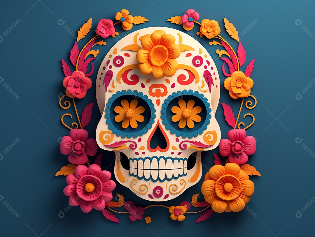 Celebração colorida do Dia de los muertos, feriado mexicano Dia dos Mortos, crânio e ornamentos florais