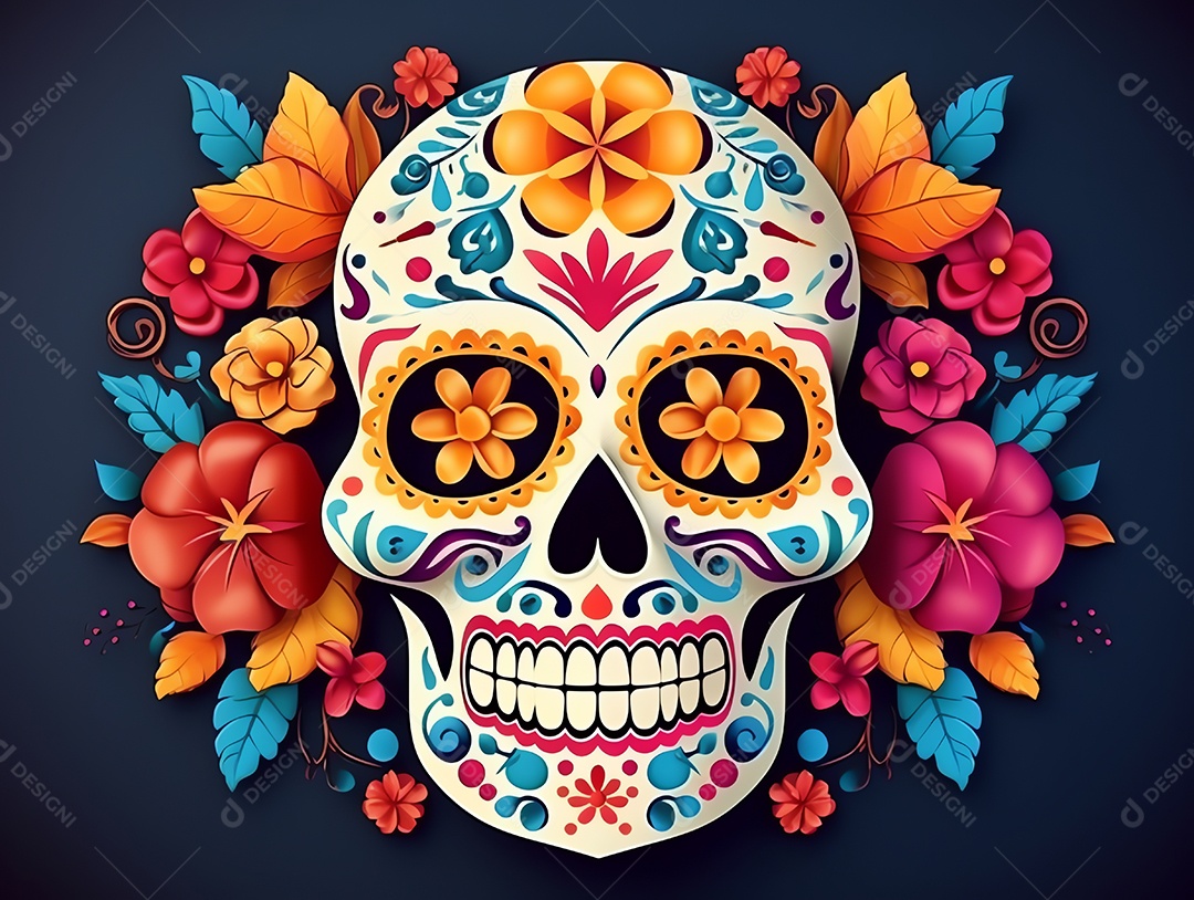 Celebração colorida do Dia de los muertos, feriado mexicano Dia dos Mortos, crânio e ornamentos florais