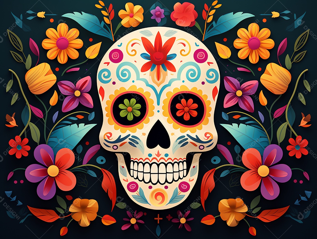 Celebração colorida do Dia de los muertos, feriado mexicano Dia dos Mortos, crânio e ornamentos florais