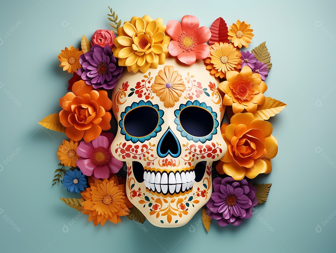 Celebração colorida do Dia de los muertos, feriado mexicano Dia dos Mortos, crânio e ornamentos florais