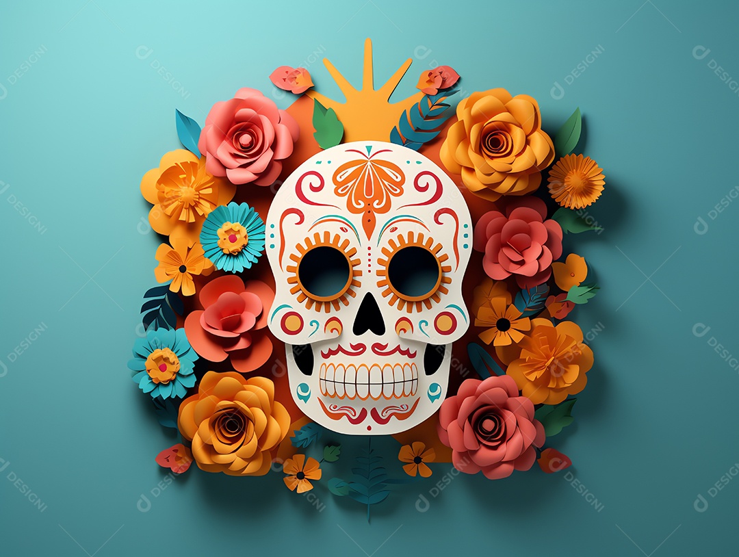 Celebração colorida do Dia de los muertos, feriado mexicano Dia dos Mortos, crânio e ornamentos florais