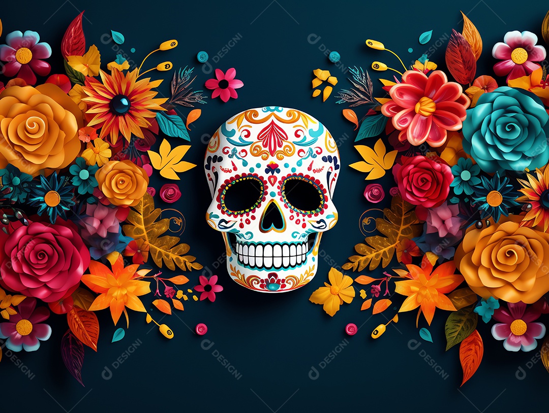 Celebração colorida do Dia de los muertos, feriado mexicano Dia dos Mortos, crânio e ornamentos florais