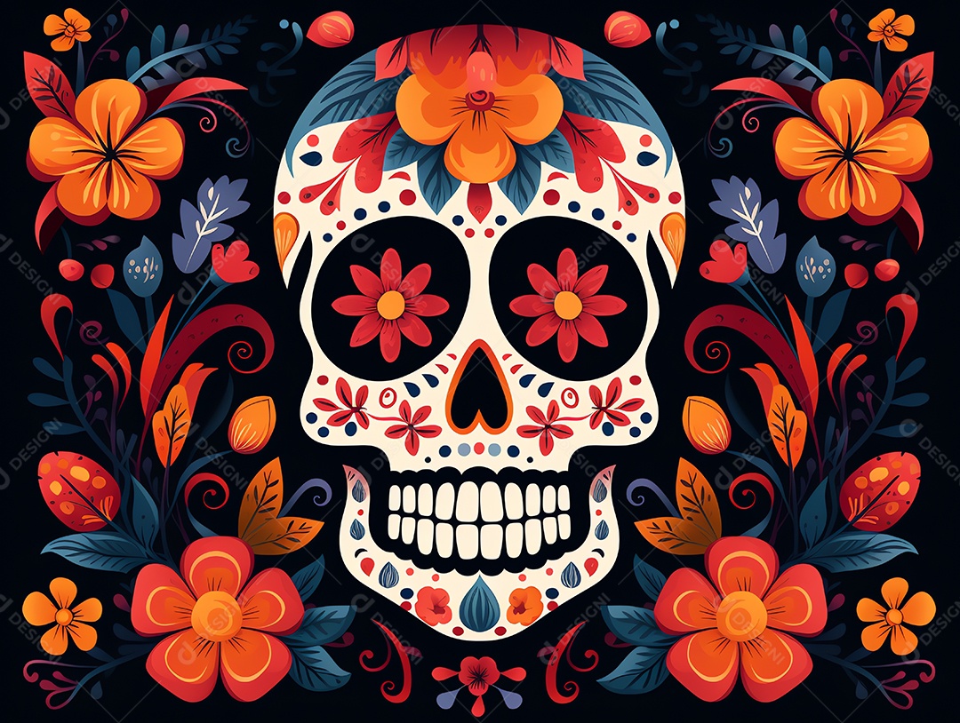 Celebração colorida do Dia de los muertos, feriado mexicano Dia dos Mortos, crânio e ornamentos florais