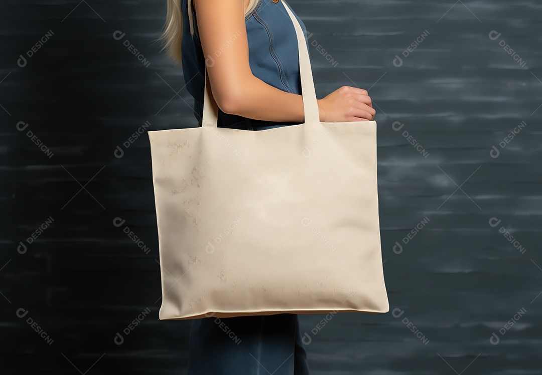 Mulher segurando uma sacola de lona vazia em branco para fazer compras, conceito ecológico