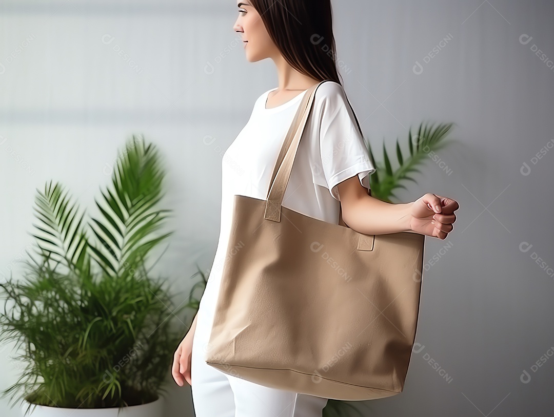 Mulher segurando uma sacola de lona vazia em branco para fazer compras, conceito ecológico