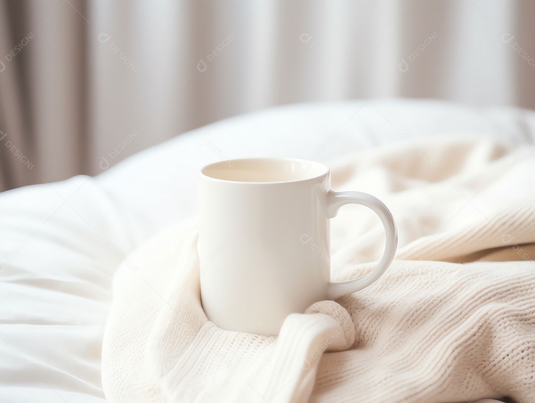 Maquete de caneca de café branca vazia em roupas de malha quentes no outono e inverno