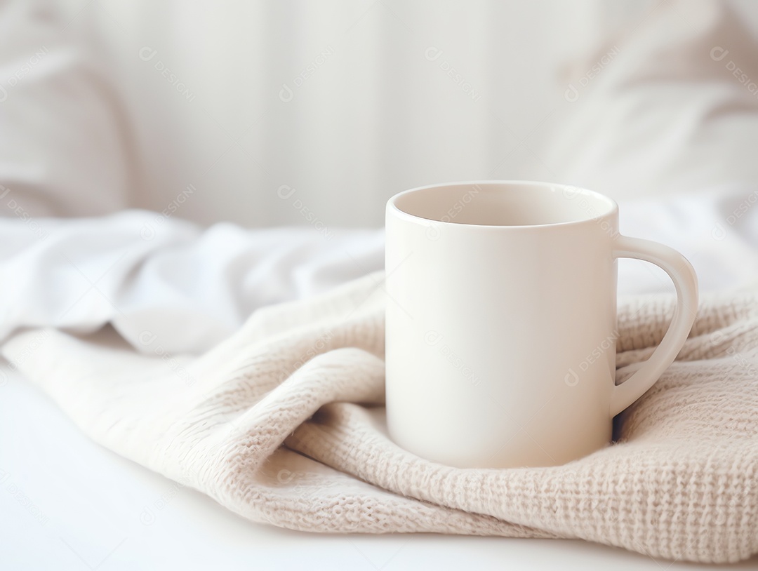Maquete de caneca de café branca vazia em roupas de malha quentes no outono e inverno