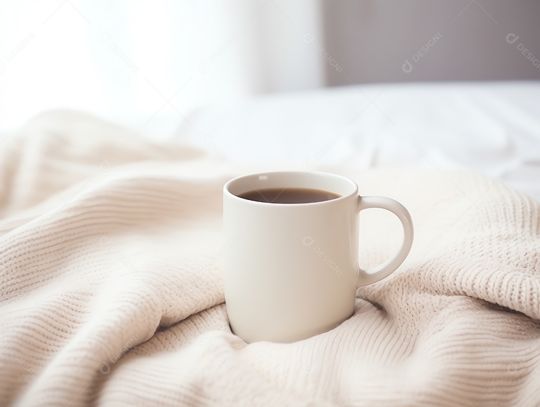 Maquete de caneca de café branca vazia em roupas de malha quentes no outono e inverno