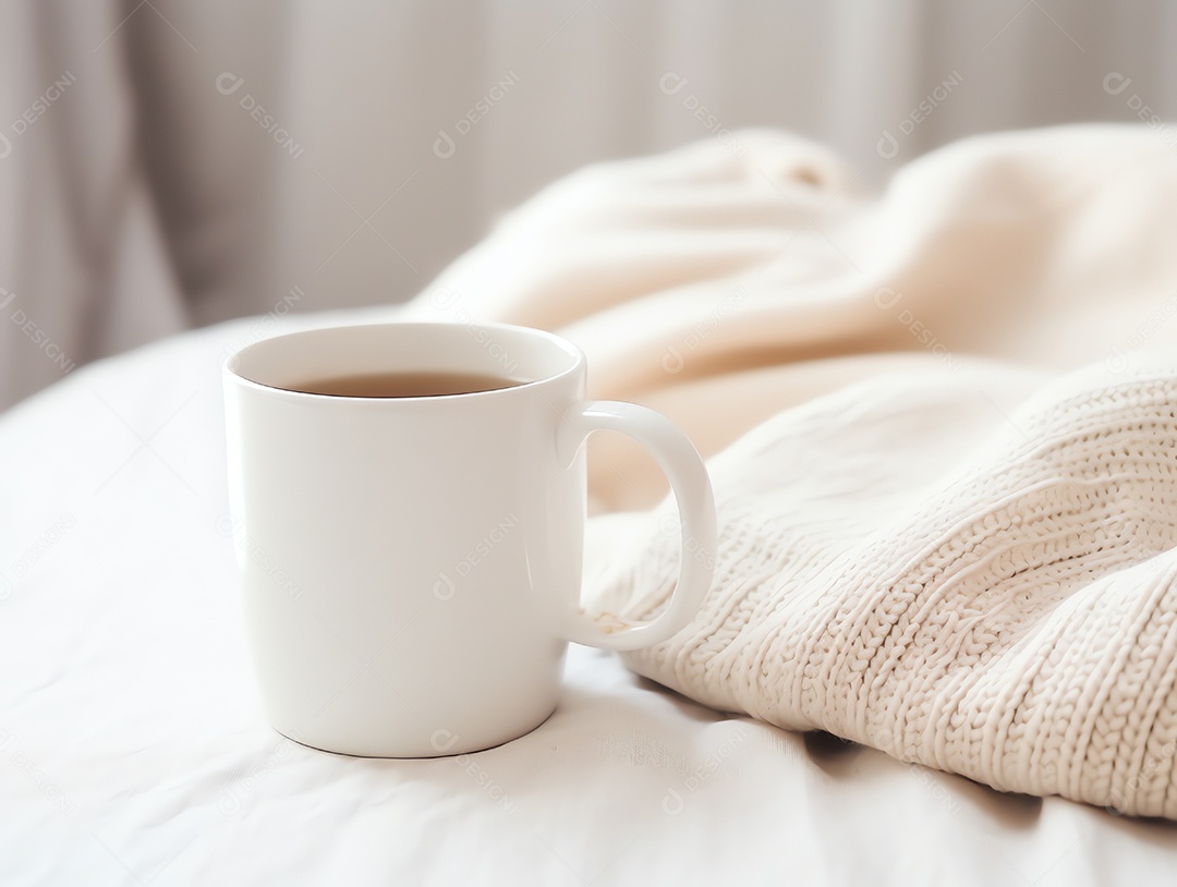 Maquete de caneca de café branca vazia em roupas de malha quentes no outono e inverno