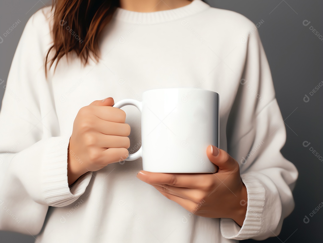 Mulher de suéter segurando maquete de caneca branca vazia em branco para modelo de design