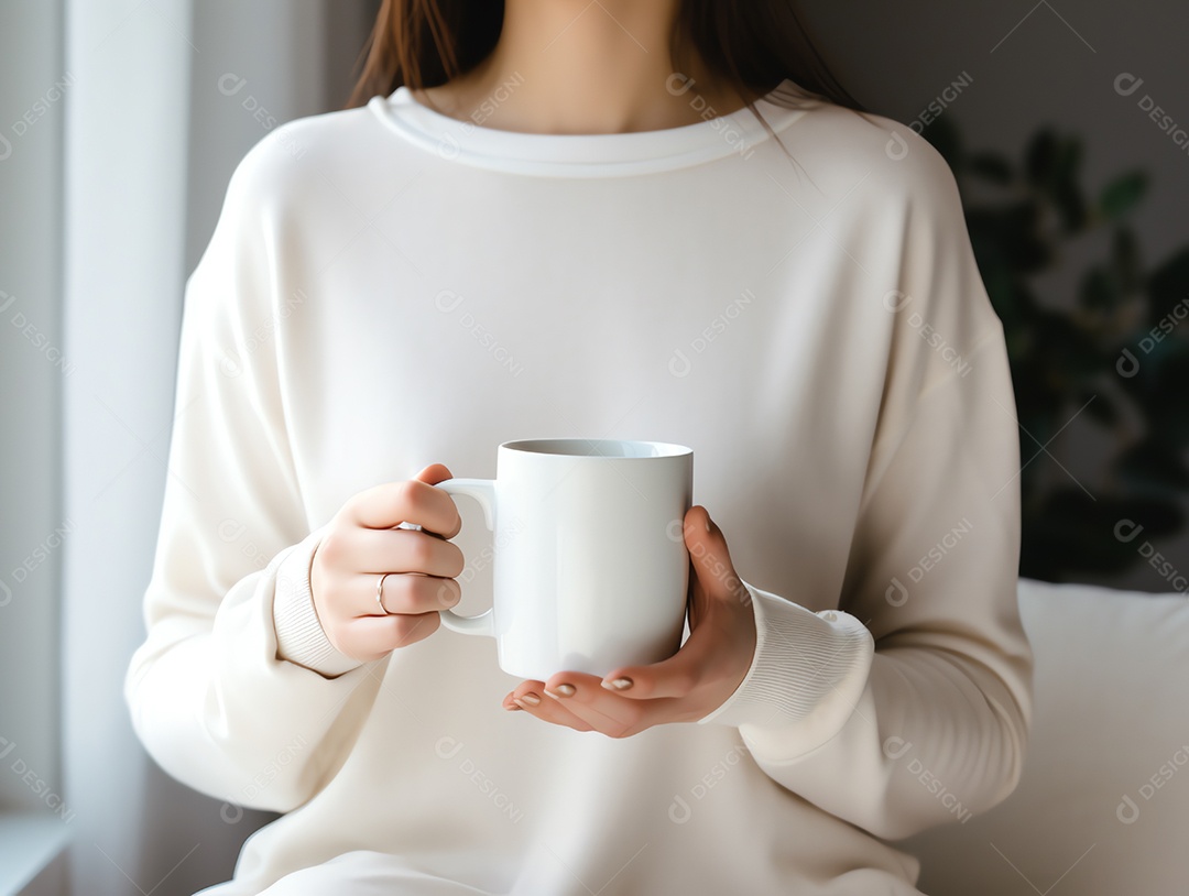 Mulher de suéter segurando maquete de caneca branca vazia em branco para modelo de design