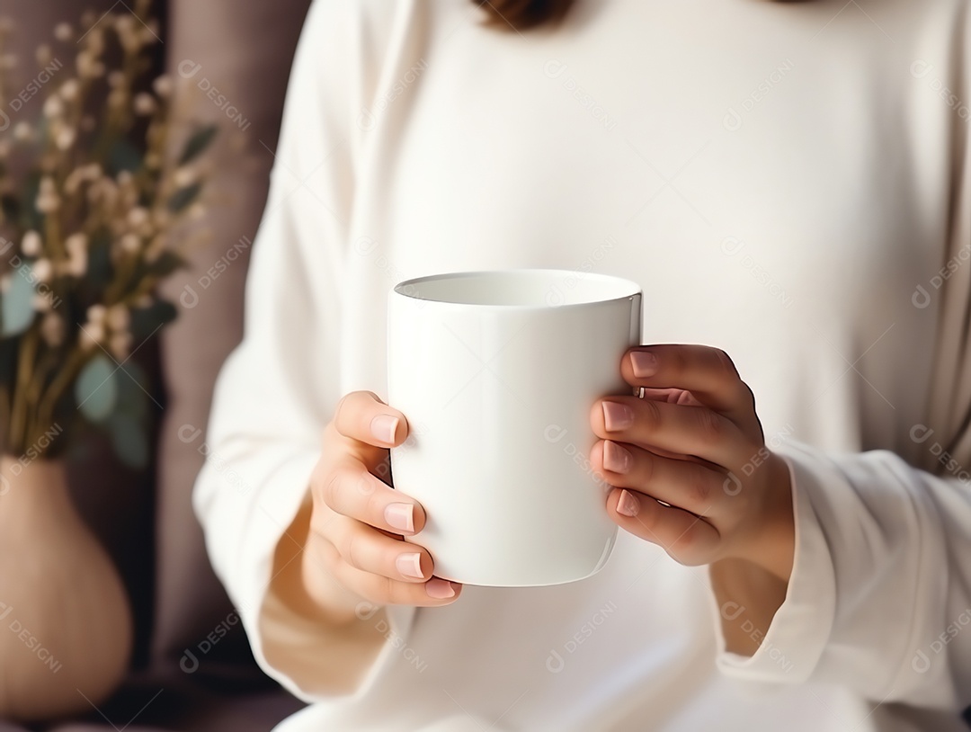 Mulher de suéter segurando maquete de caneca branca vazia em branco para modelo de design