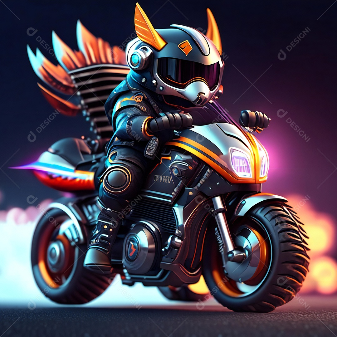 Ilustração de Mascote em uma motocicleta 3D