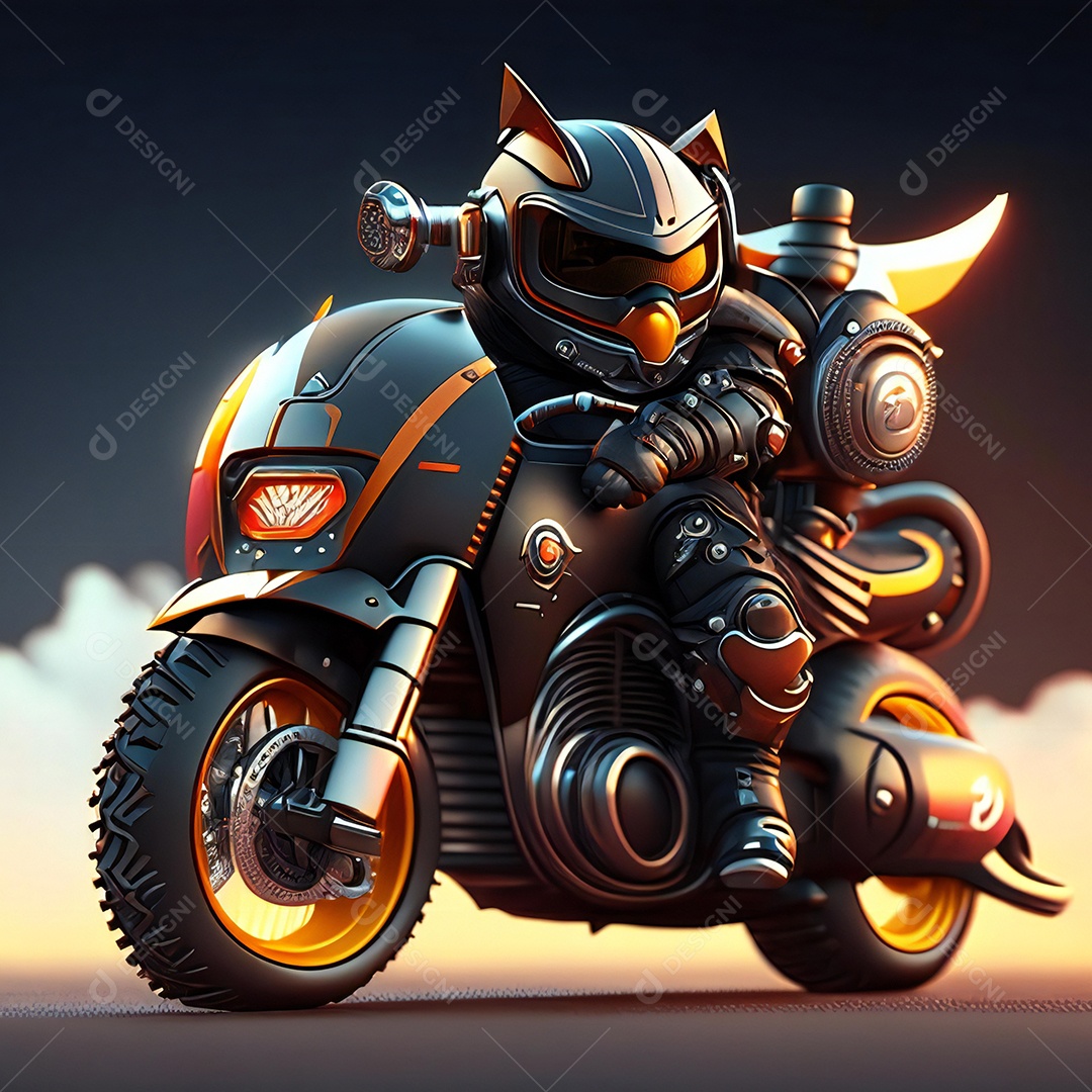 Ilustração de Mascote em uma motocicleta 3D