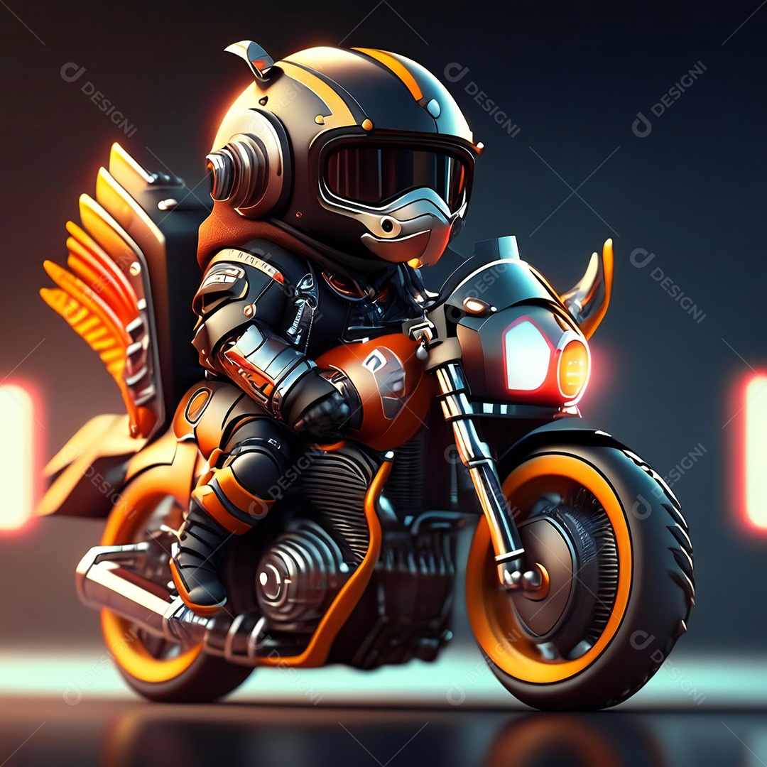 Ilustração de Mascote em uma motocicleta 3D