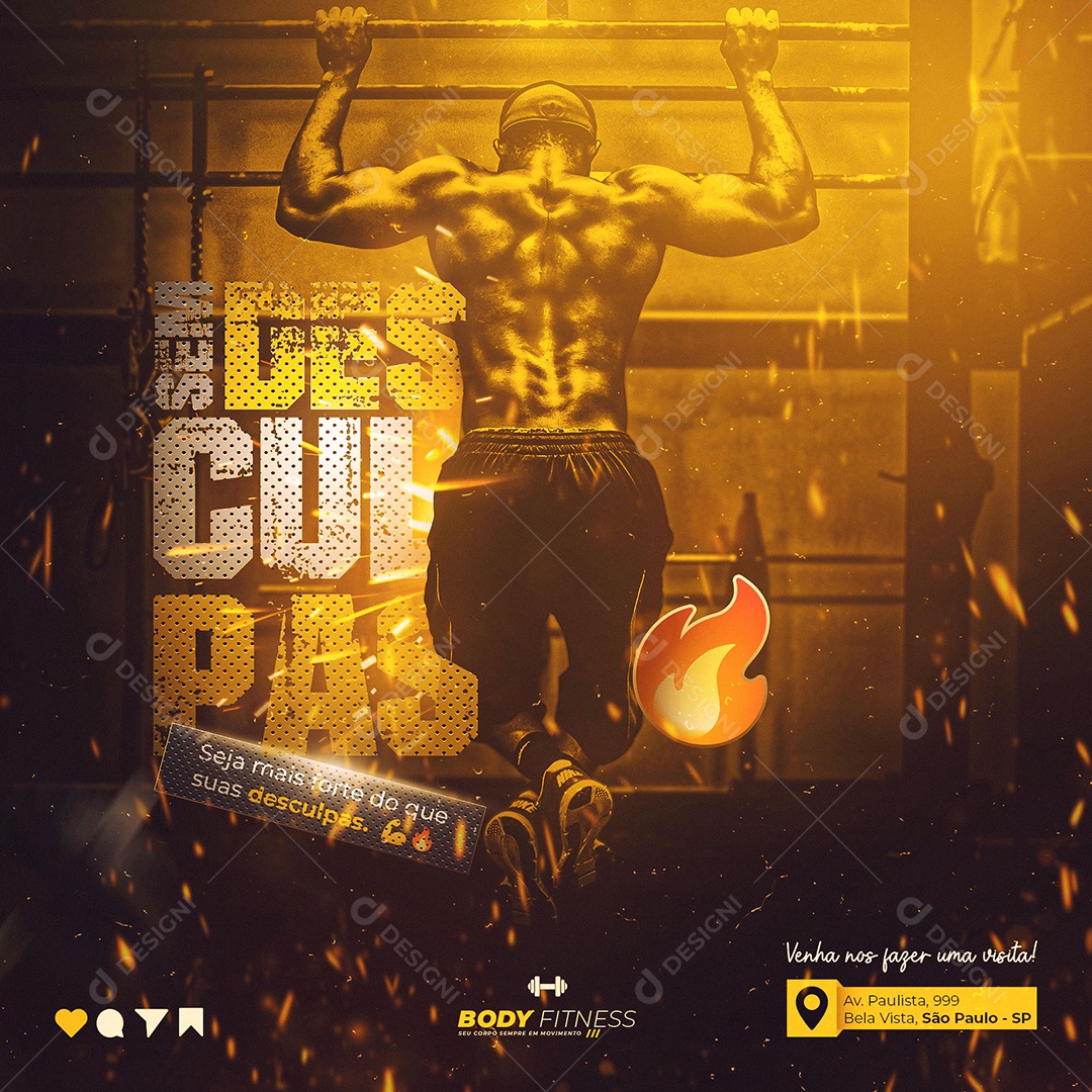 Academia Sem Desculpa Seja mais Forte do que Suas Desculpas Social Media PSD Editável